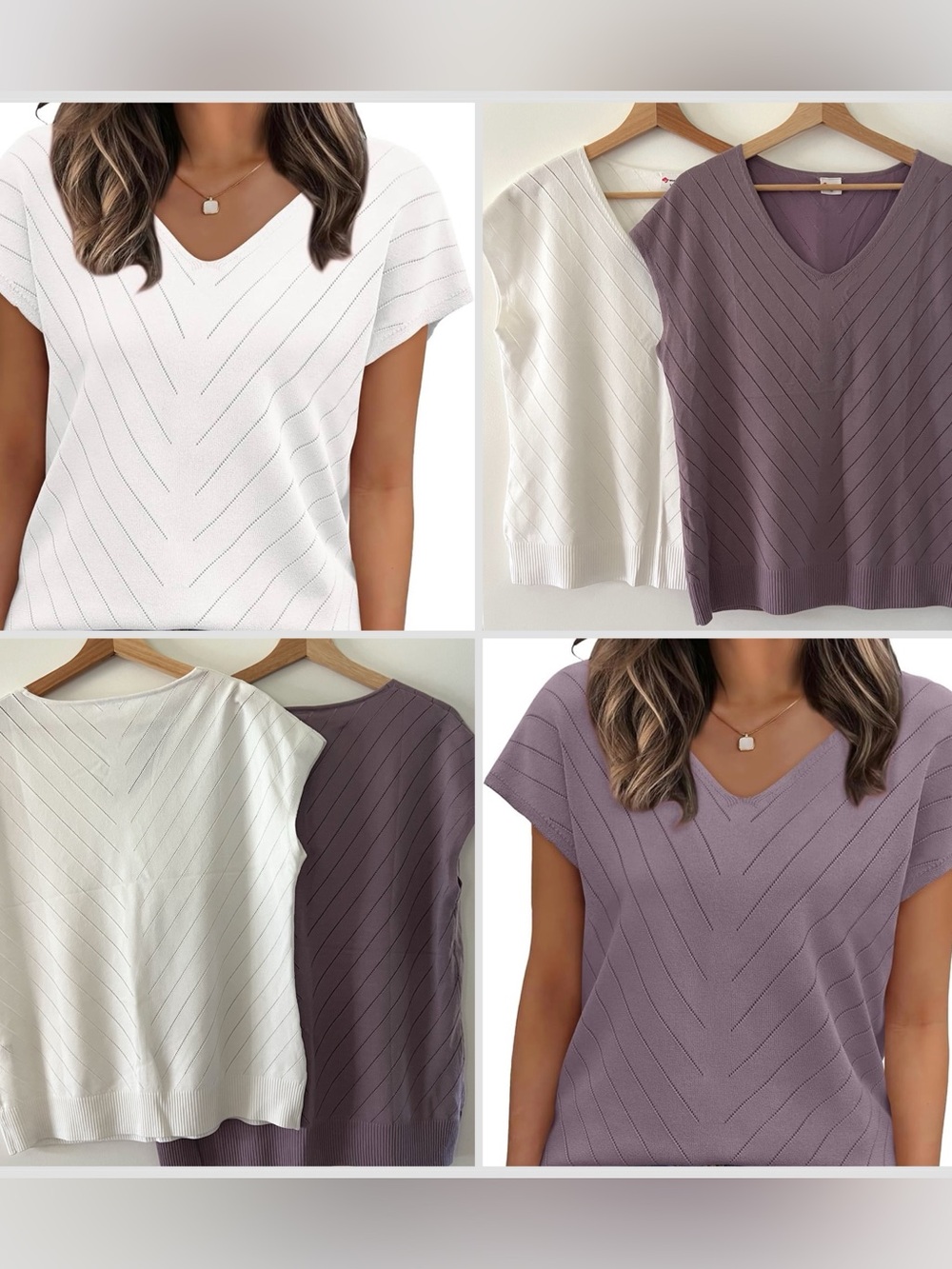 2 V-Neck Short Sleeve Knit Sweaters — White & Mauve